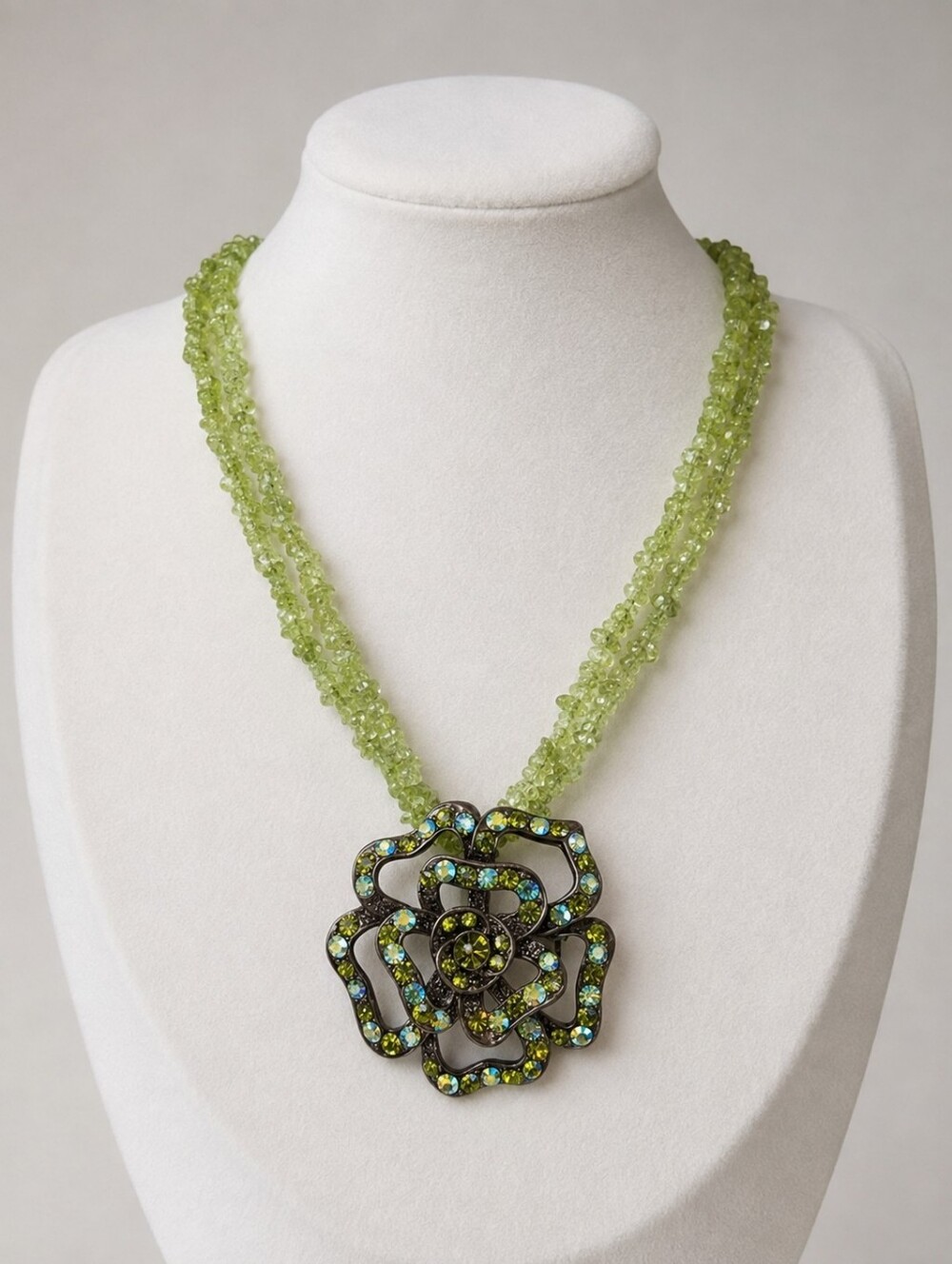 Premier Designs Sage Blossom Green Rhinestone Necklace Brooch Pendant